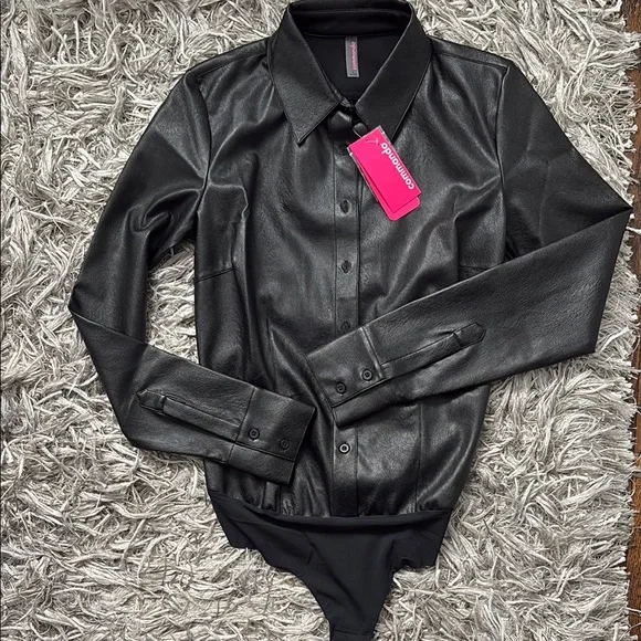 Commando Lightweight Faux Black Button Down Leather bodysuit Size Small - Picture 2 of 14